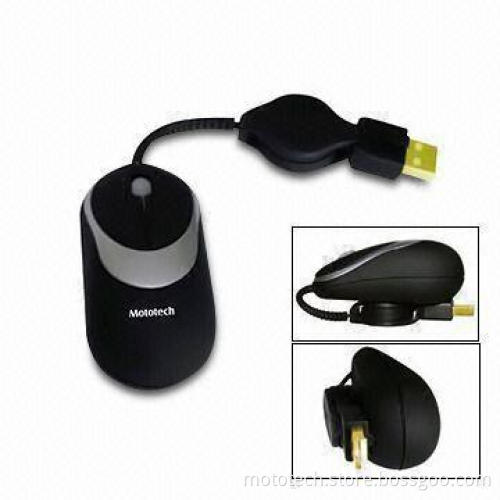 Mini Optical Mouse with Retractable Cable, USB Port and Resolution of 1,000DPI